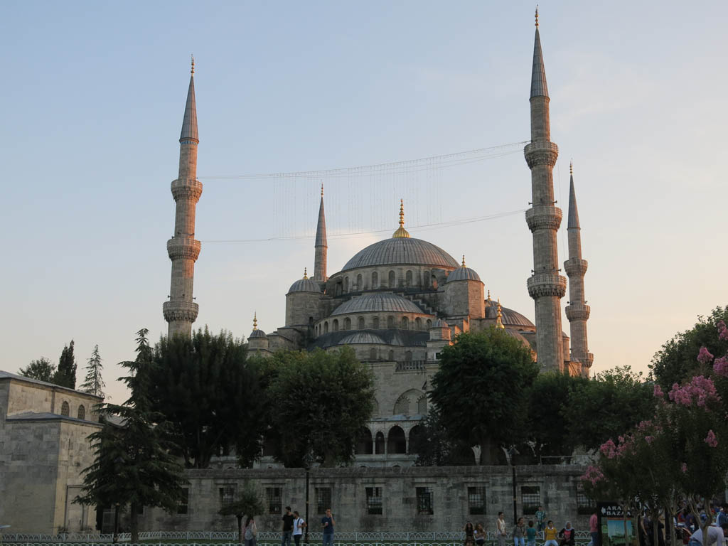 the blue mosque at sunset